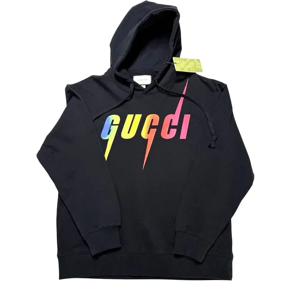 Gucci Hoodie Sweatshirt NWT Men’s Medium Black Rainbow Logo 100% Cotton